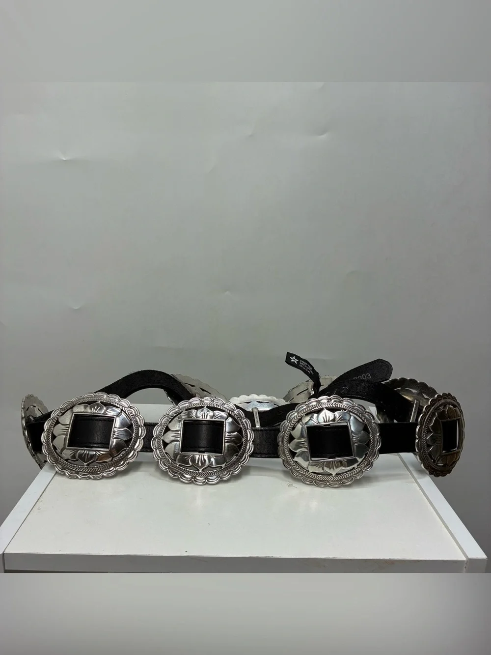 Vintage 90s Brighton Large Floral Concho Belt Silver Western Rodeo Black Cowgirl